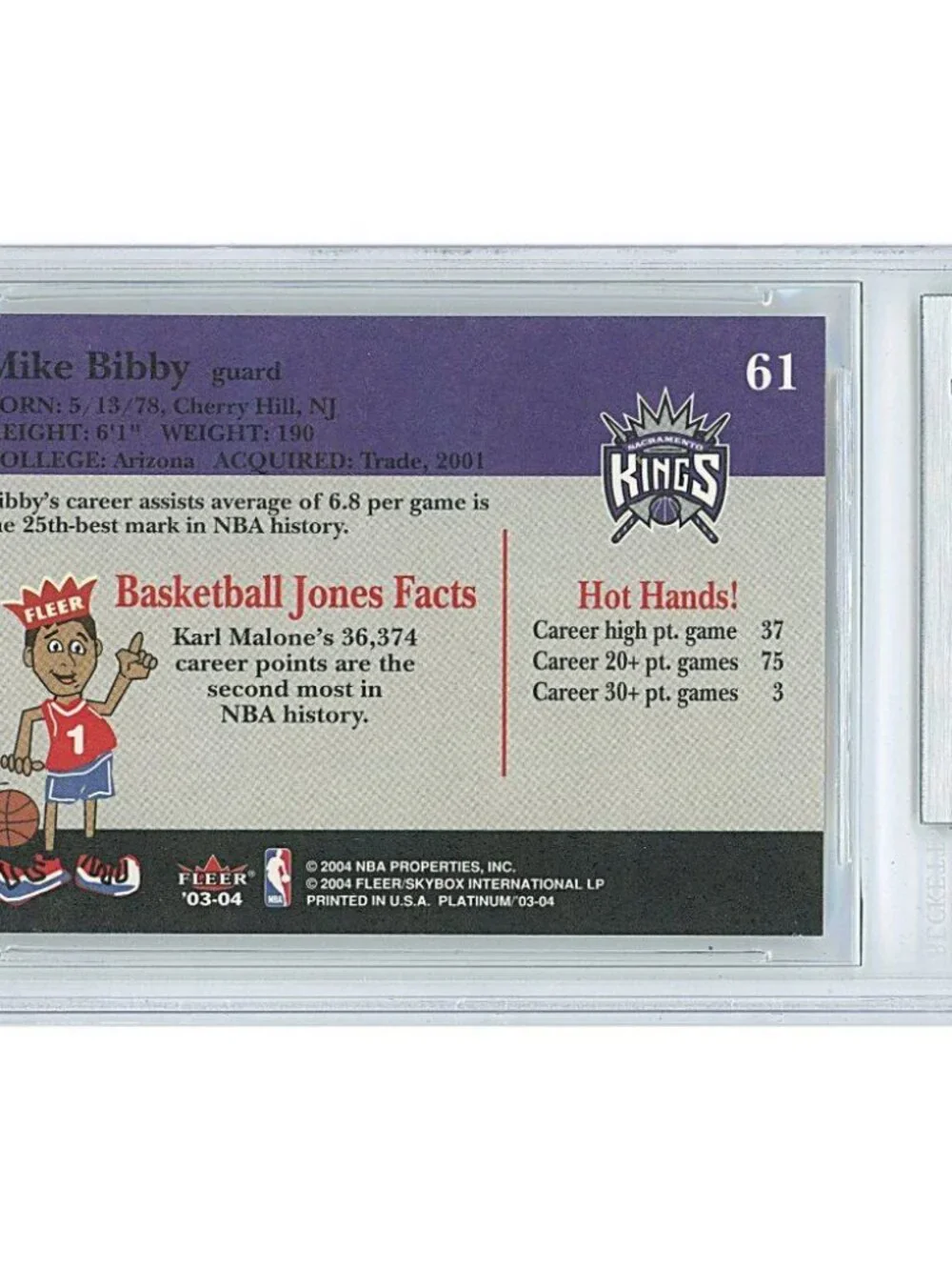 Mike Bibby Kings Signed 03-04 Fleer Basketball Card Beckett BAS Autograph Slab